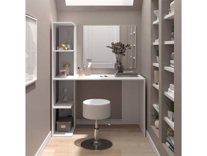 Vicco Schminktisch Tower , Weiß 122.2 cm Spiegel · Hocker · 4 Ablagen für Deko & Accessoires · Freistehend · Offenes Design