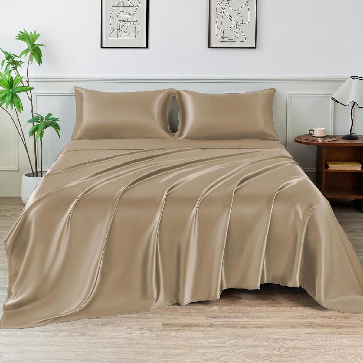 Luxe satijnen beddengoedset Queensize - Champagne