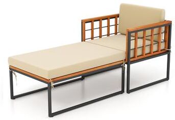 Costway Patio Acacia Wood Armchair with Long Ottoman and Seat Back Cushions
