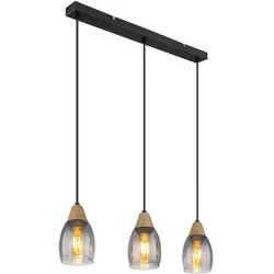 Pendelleuchte Glas Hängeleuchte Glas Lampe Rauchglas, 3 flammig Holz natur Rauchglas Metall schwarz, 3x E27 Fassungen, LxBxH 55x10x120cm