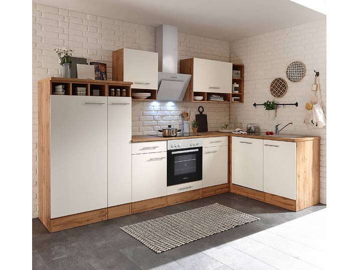 Cuisine d’angle Hilde 310cm Blanc/Marron/Blanc Avec électroménager