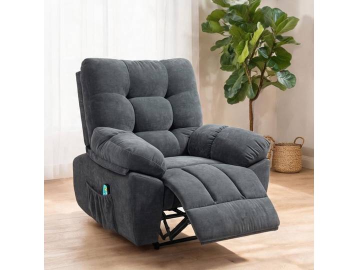 Fauteuil relax massant à 8 points vibrants dossier inclinable 150° tissu polyester gris neutre repose-pieds ajustable et