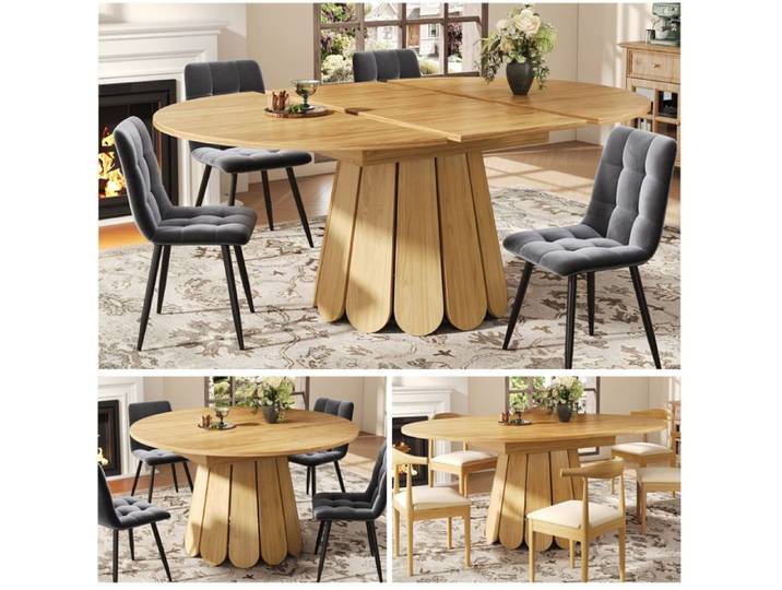 SENVIRO Table a manger extensible ronde veinage bois 118x158x76cm bois naturel