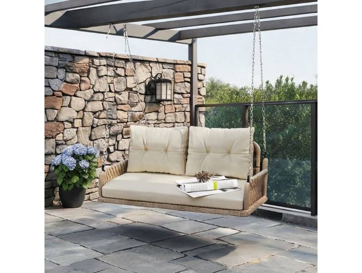 Banc suspendu extérieur 2 places en résine tressée beige avec coussins et chaînes - Beige Acier résine tressée polyester mousse
