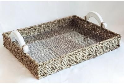 "VNT Signature Handcrafted Seagrass Rectangular Tray with Ceramic Handles - 17.72""L x 13.78""W x 5.31""H"