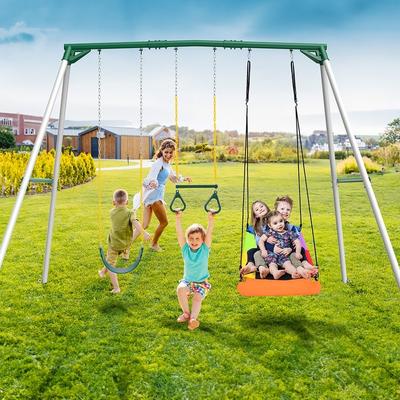 Klokick 9.5' Heavy Duty Metal Swing set for Backyard with Platform Swing, Belt Swing, and Trapeze Bar