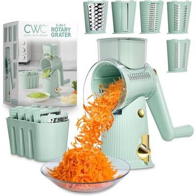 COOK WITH COLOR Rotary Cheese Grater with Handle Counter Suction Base 5 Blade Cheese Shredder Vegetable Chopper and Mandolin