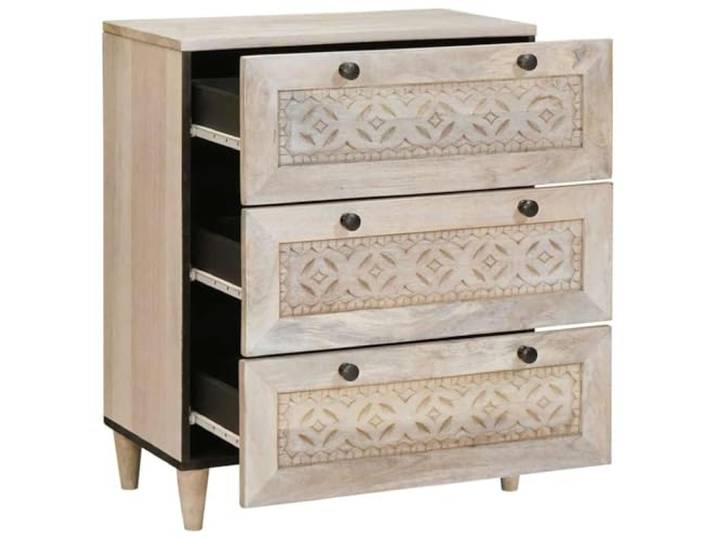 HKTMGDNG Sideboard Weiß 60x33,5x75 cm Massivholz Mango Kommode Kompakter Anrichte-Schrank aus echtem Mangoholz mit 3 Schubladen für Wohnzimmer, Esszimmer und Flur.