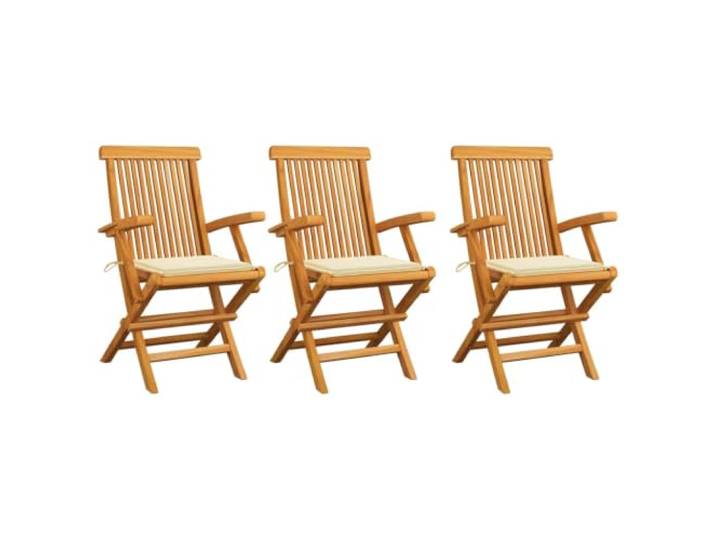 Klappstühle aus Massivholz Teakholz, 3er Set, mit Cremefarbenen Kissen, Technisch getrocknetes Teakholz, fein geschliffen, klappbar, geringes Eigengewicht, 110 kg Belastbarkeit pro Sitzplatz,