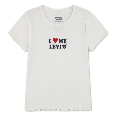 Kurzarmshirt LEVI'S KIDS "LVG I HEART MY LEVIS TOP", Mädchen, Gr. 5 (110), weiß (levi's egret), Jersey, Obermaterial: 60% Baumwolle, 40% Polyester, bedruckt, normal, Rundhals, gewellter Abschluss, Shirts, mit Statement-Print - for Girls