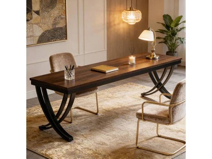 MEUBLIV Bureau informatique double 200 x 70 cm plateau aspect bois rustique piètement X en métal noir