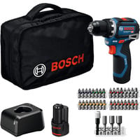 Akku-Bohrschrauber GSR 12V-32 Professional, 12Volt blau/schwarz, 2x Li-Ionen Akku 2,0Ah, 36-teiliges Zubehör-Set, Werkzeugtasche