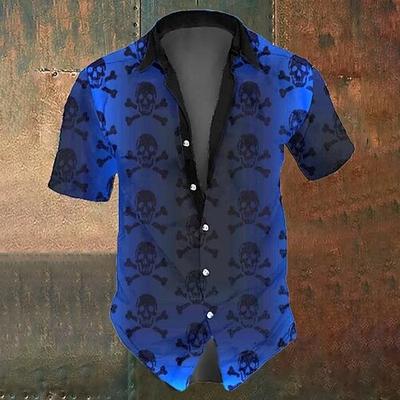 Herren Schädel Skelett Kostüme Hemd Button-Up Hemd Kurzarm Dunkel Gothic Stil Feiertags Sommer Frühling Umgeschlagen 3D Druck Kragenhemden Schwarz Dunkel Blau