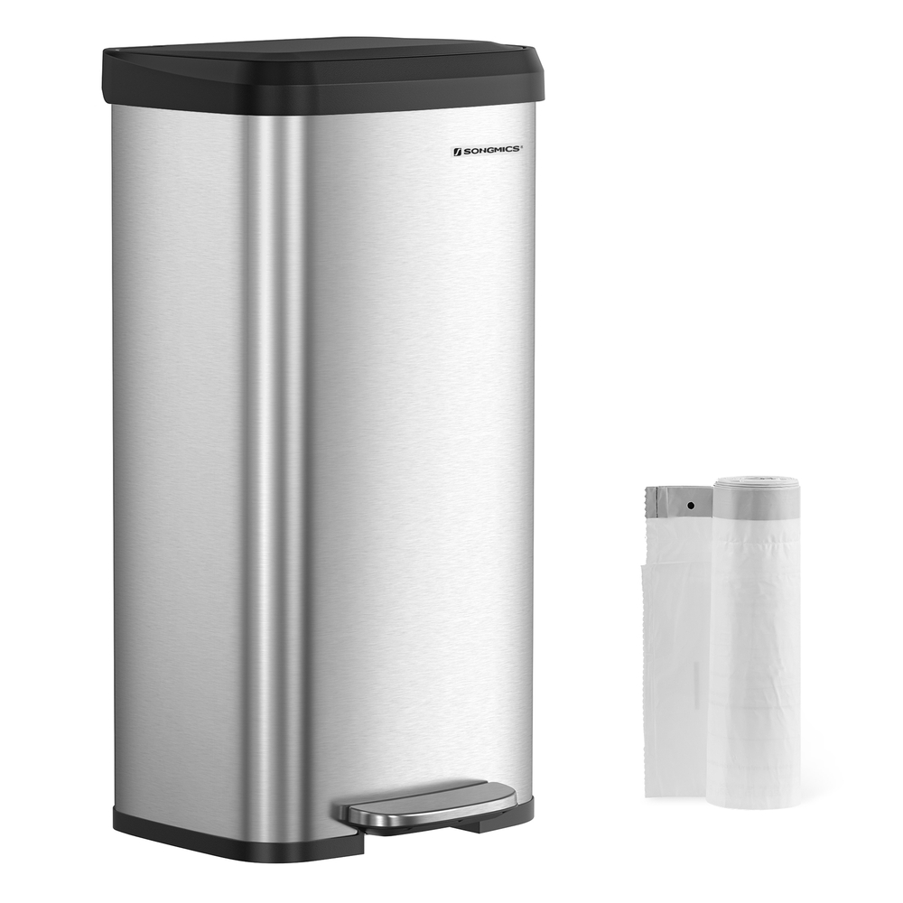 SONGMICS Mülleimer Küche 68 Liter aus Metall mit Deckel silbern-schwarz LTB520E68