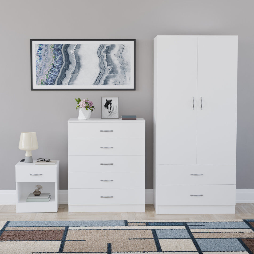 17 Stories Maybery 3 Piece Bedroom Set (1 Drawer Bedside Chest, 5 Drawer Chest, 2 Door 2 Drawer Wardrobe), (4) White