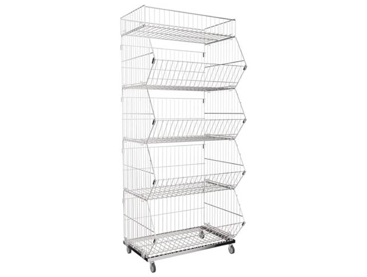 Aigentlich Rollregal verchromt mit 5 Gitterkörben B62 x T44,5 x H145 cm, Stapel Korbwagen, Wühlkörbe für Aktionsware, rollbares Obst- und Gemüseregal