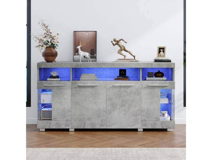 Buffet bahut meuble de rangement avec lumière LED 16 couleurs buffet bas de salon bahut moderne 4 portes 140x40x70cm gris