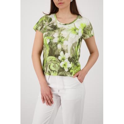 T-Shirt MONARI "Shirt Blume Allover", Damen, Gr. 38, grün gem, Web, Obermaterial: 50% Baumwolle, 50% Modal, gemustert, regular fit taillenbedeckt, Rundhals, eingesetzt abgesteppte Kante, Shirts T-Shirt, Regular fit mit Blumenprint
