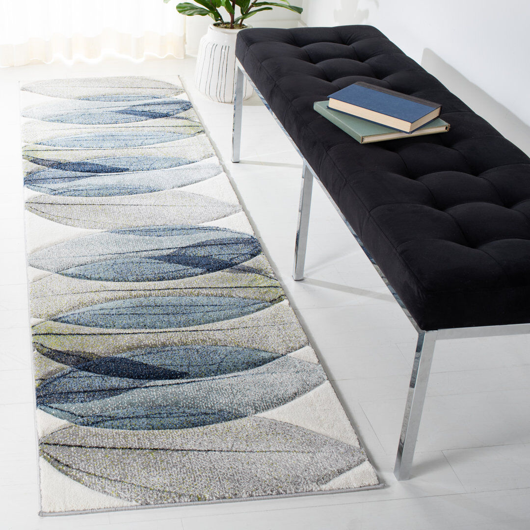 Ebern Designs Floral Area Rug Ivory / Blue Green Runner 69 x 244 cm