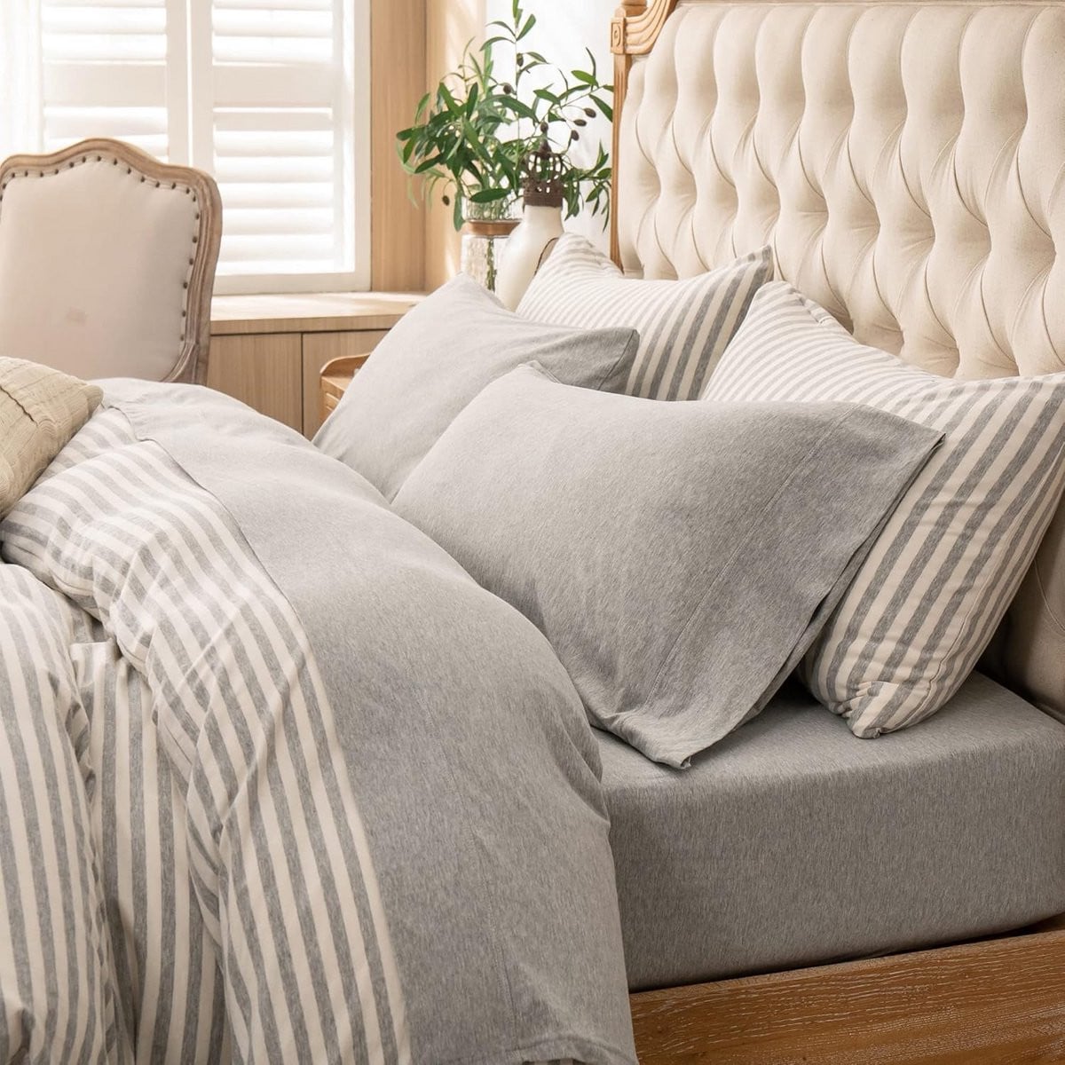4-delige jersey gebreide lakenset lichtgrijs queensize voor matrassen tot 50 cm