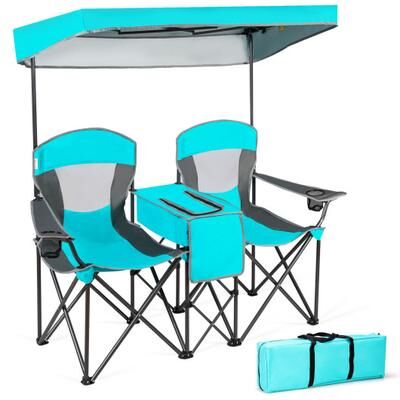 Costway Patented Portable Folding Camping Canopy Chairs with Cup Holder-Turquoise