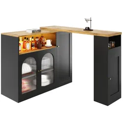STILVORA Bartisch mit Stauraum 197x40x100  drehbar 360 Grad mit LED-Beleuchtung Glastür Tischplatte in Holzoptik MDF Schwarz