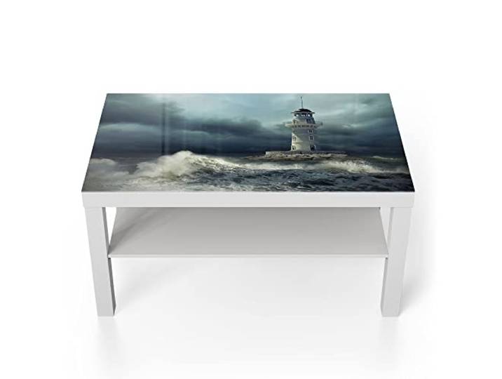 DEQORI Glastisch weiß groß 90x50 cm Motiv Leuchtturm im Sturm ausgefallener Beistelltisch aus Glas Hochglanz Couchtisch fürs Wohnzimmer moderner Couch Tisch mit Design