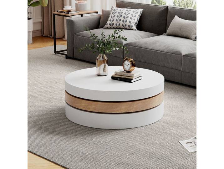 Comfyu - Table basse ronde 60 cm - 3 étagères et table d'appoint avec plateau pivotant à 360° - Blanc et finition bois