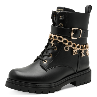Schnürstiefelette MARCO TOZZI BY GMK, Damen, Gr. 37, Textil, schwarz, Lederimitat, Schuhe Schnürstiefelette, Blockabsatz, Schnürboots mit edler Zierkette mit GMK-Lettern