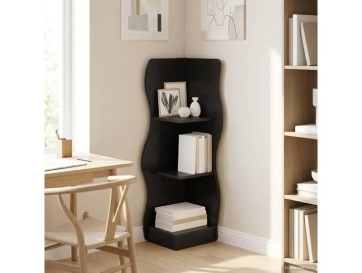 IBUQDDV Eckregal Schwarz 34 x 33 x 102 cm Holzwerkstoff mit Wellenmuster Modernes Design, platzsparend in Ecken, robustes Holzwerkstoffmaterial, feuchtigkeitsresistent, einfache Montage,