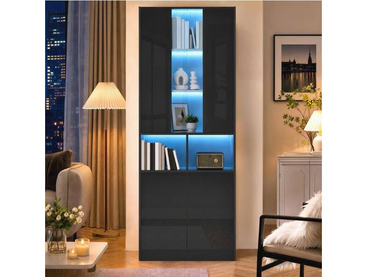 WUVRIE Vitrine haute LED commandée par application fenêtre acrylique 70 x 35 x 180 cm noir brillant