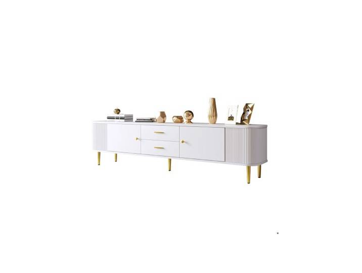 Meuble TV - MUVOE - Décontracté - Blanc et doré - 2 tiroirs - Design contemporain