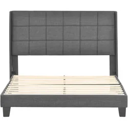 Polsterbett 140x200 mit Lattenrost, Federkernmatratze, Leinenbezug, gepolstertes Kopfteil, stabiles Holzgestell, komfortabel, grau