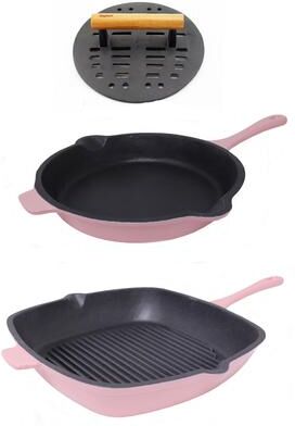 BergHOFF Neo 3pc Cast Iron Fry Pan & Grill Pan Set with Slotted Steak Press, Pink