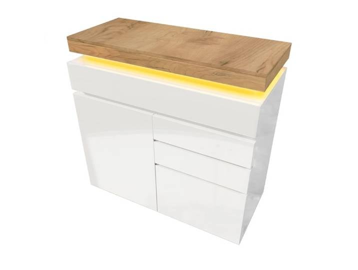 BEL Commode/buffet laqué brillant 2 portes+3 tiroirs LED app salon/chambre 115x110x39 blanc