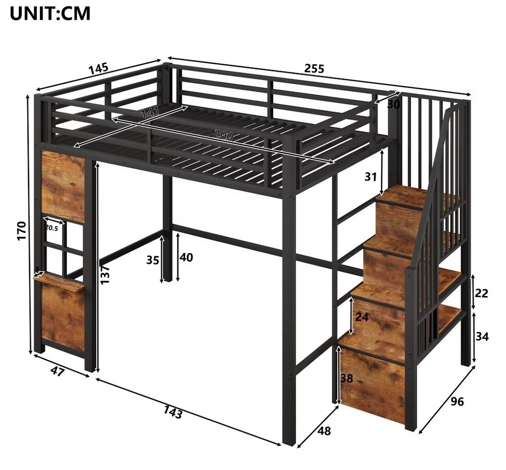 Hochbett - Metallbettgestell - 140 x 200 cm - Schwarz - Sicherheitsgitter - Offener Stauraum - Fensterdesign - Ohne Matratze