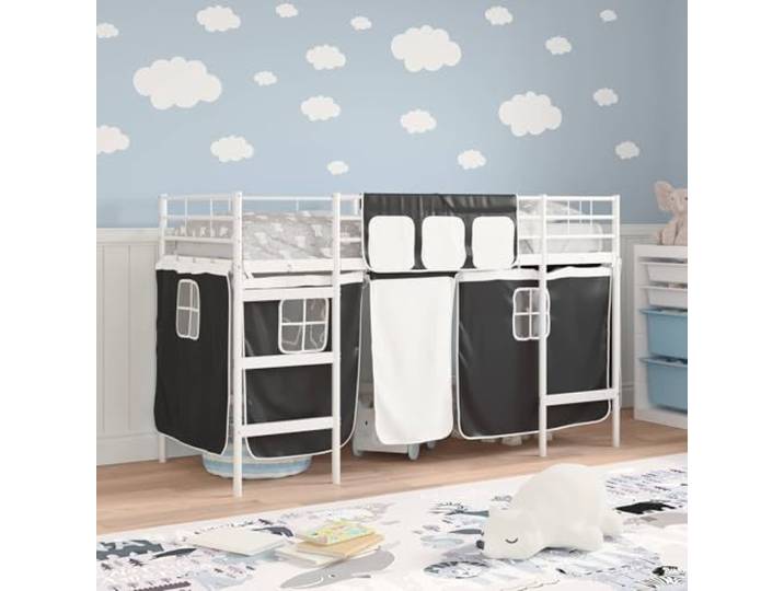 KTHLBRH Kinderbett Metall Weiß und Schwarz 194 x 95 x 116 cm Loft Struktur mit Vorhängen, kurze Einzelbettmatratze 90 x 190 cm, Montage nicht erforderlich