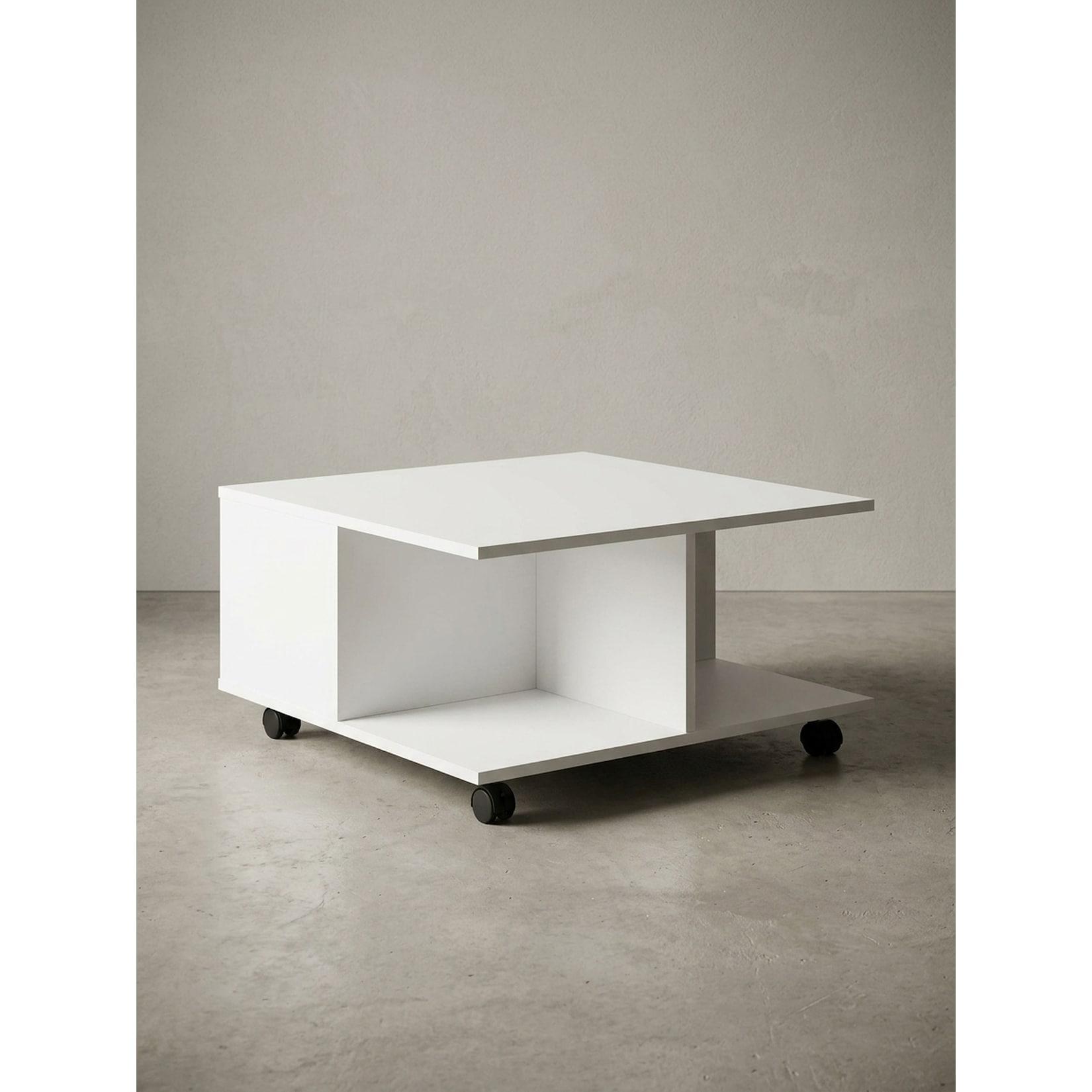 Couchtisch mit Rollen, 2 Schubladen und Fächern, Weiß 70x70x36 cm