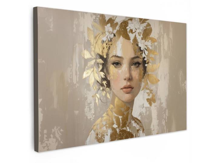 LEINWANDBILD Gesicht - Frau - Blätter - Gold Gemälde 60x40 cm