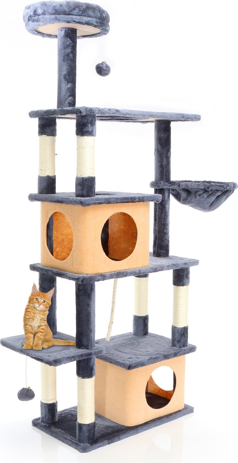 Fudajo Kattenkrabboom donkergrijs, 161 cm hoog, met 2 kattenhuisjes, ligmand, plateaus en speeltjes