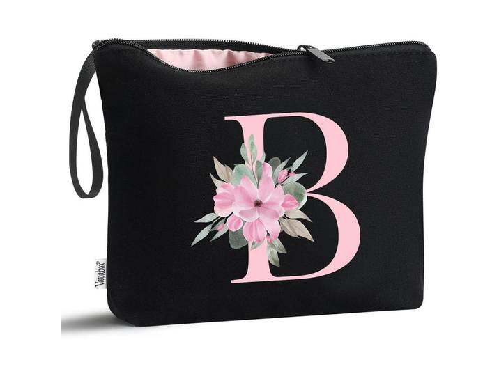 Kulturbeutel mit Initialdruck Schwarz, 4x20x25 cm, Badaccessoires, Kosmetikdosen