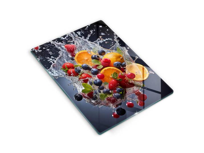 Wallfluent Glasplatte 40x52 cm Früchte im Wasser, Mehrfarbig, Glas, Rechteckig, 40x52 cm, Küchenzubehör, Schneidebretter