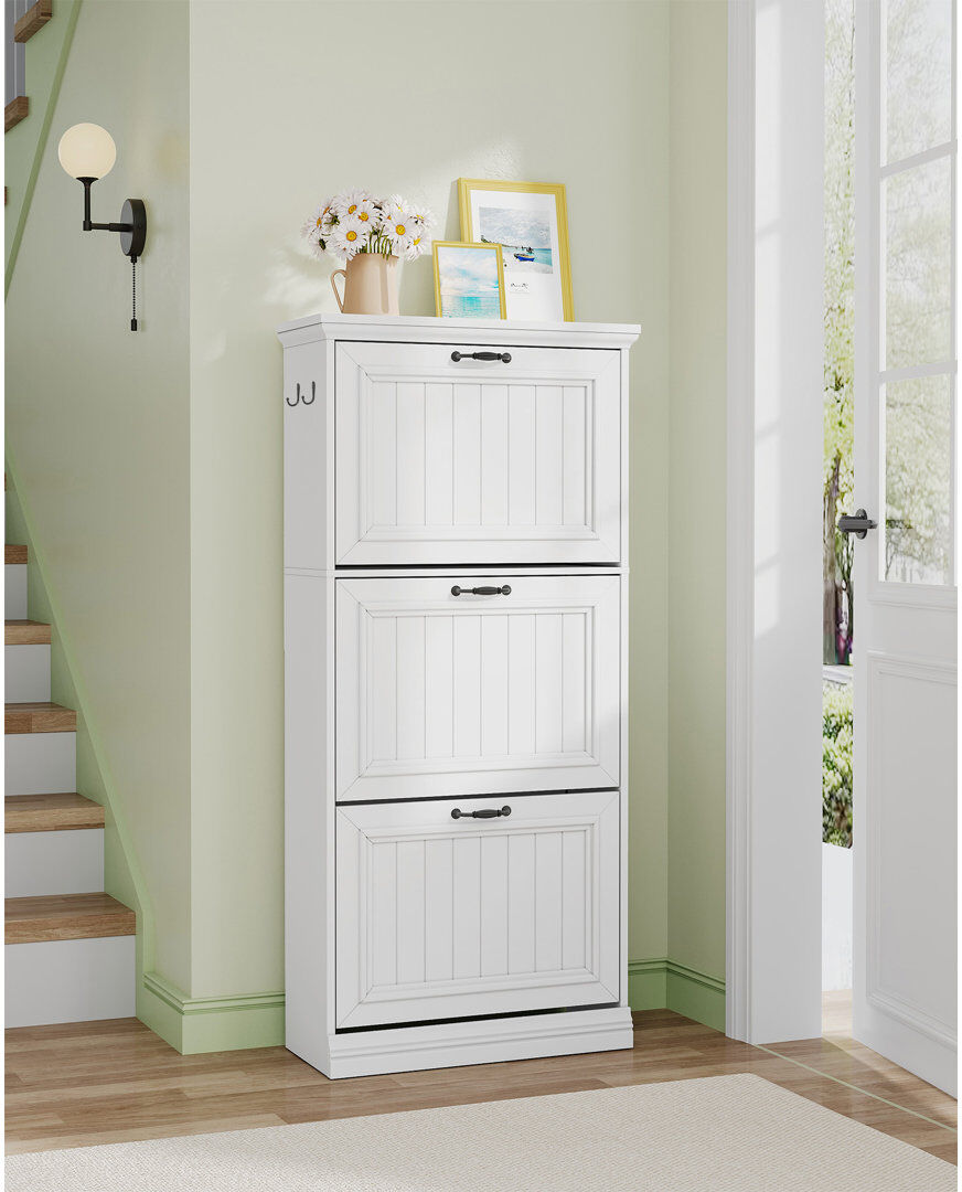 Brambly Cottage Shoe Cabinet with Flip Drawers, wooden shoe cabinet, Adjustable Dividers, Space-Saving Slim Cupboard, shoe cabinet storage hallway, Entryway White 24 x 63 x 135.5 cm
