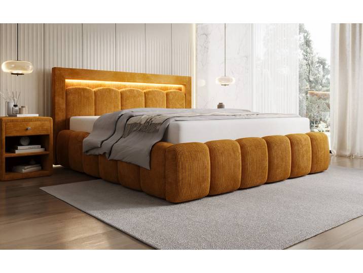 Designer Polsterbett Lume in Cord mit Stauraum und RGB Beleuchtung - 140x200 - Amber - Luxusbetten24