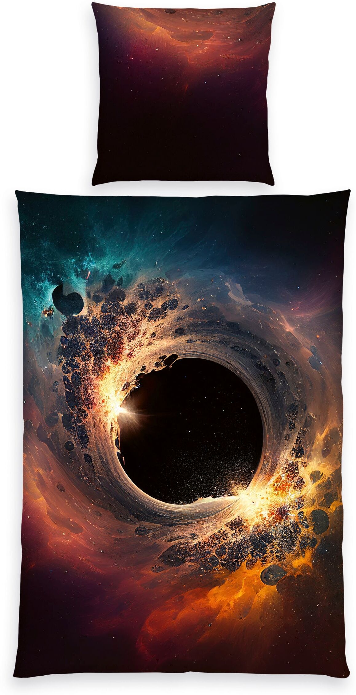 Jugendbettwäsche "Schwarzes Loch", bunt, B/L: 135cm x 200cm, 1 Stk., 1 Stk., Microfaser, B/L: 80cm x 80cm, 2 Stk., Microfaser, Obermaterial: 100% Polyester, HERDING YOUNG COLLECTION, Bettwäsche, Jugendbettwäsche, mit tollem Motiv bunt B/L: 135cm x 200cm, 