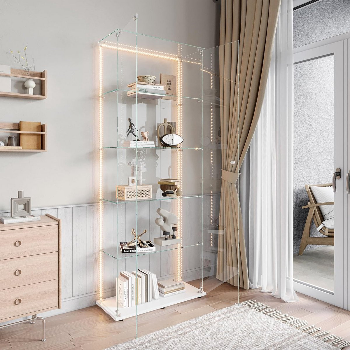Witte Glazen Vitrinekast met LED-verlichting, Hoogte: 118,5 cm