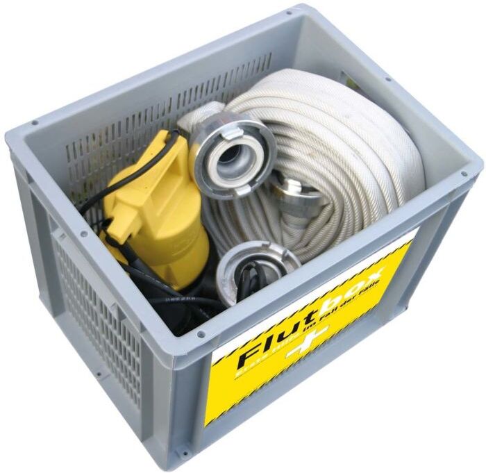 Jung Pumpen Flutbox komplett mit Pumpe JP09479 mit Feuerwehrschlauch und Behälter, Tauchpumpe, für Hochwasser