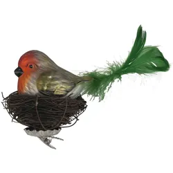 Krebs Glas Lauscha Vogel grün 20cm mit 7cm Federschwanz im Nest aus Zweigen Glasornament, mundgeblasen und handekoriert