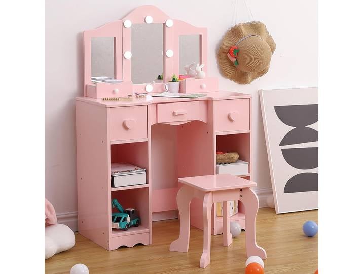Coiffeuse pour enfants, vanité pour filles avec miroir triple pliant, étagères de rangement ouvertes, ensemble de jeu de maquillage avec chaise pour tout-petits et enfants