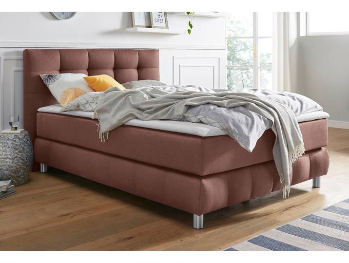 Boxspringbett, Braun, 154x211 cm, Struktur (100% Polyester), Inkl. Topper, Modern, andas